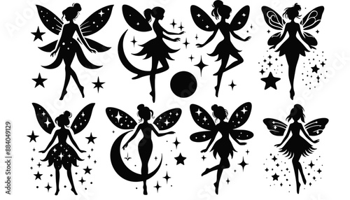 Enchanting Celestial Fairy Icons Vector Collection: Mystical Fairy Silhouettes Adorned with Stars and Moons, Perfect for Fantasy Projects, Scrapbooking, and Magical Themed Deco