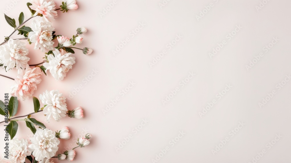 Elegant pink flowers with green leaves on a soft pastel background, perfect for a wedding invitation or a delicate feminine design. Elegant pink flowers with green leaves on a soft pastel background, perfect for a wedding invitation or a delicate feminine design.