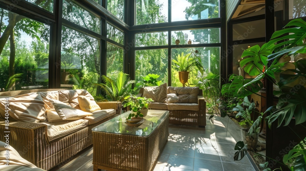 A contemporary sunroom with large glass walls, comfortable wicker furniture, a glass coffee table, and an abundance of green plants. A contemporary sunroom with large glass walls, comfortable wicker furniture, a glass coffee table, and an abundance of green plants.