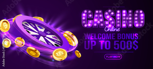Wheel of luck or fortune. Neon gambling wheel and flying coins. Online casino banner. Internet casino.