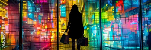 Silhouette of a Woman Shopping in a City at Night - A woman's silhouette stands in front of a window, showcasing a bustling city scene with neon lights and colorful reflections. She is holding shoppin photo