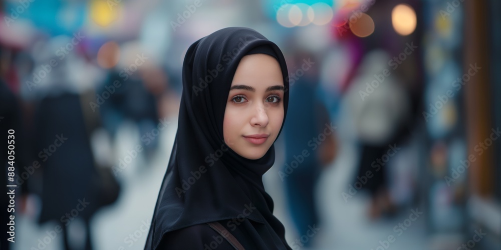 A woman wearing a black scarf stands in a busy street. She is smiling and looking at the camera A woman wearing a black scarf stands in a busy street. She is smiling and looking at the camera