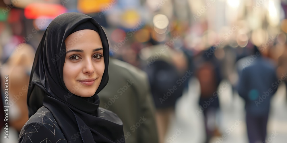 A woman wearing a black scarf stands in a busy street. She is smiling and looking at the camera A woman wearing a black scarf stands in a busy street. She is smiling and looking at the camera