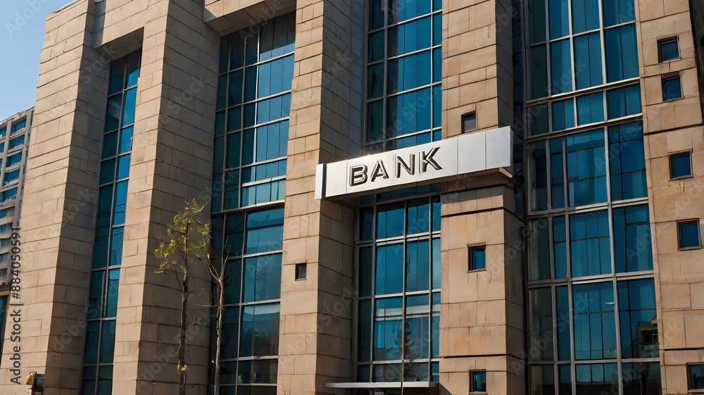 Modern bank building with large glass windows, illuminated by exterior lights, with BANK sign on façade in urban cityscape. Modern bank building with large glass windows, illuminated by exterior lights, with BANK sign on façade in urban cityscape.