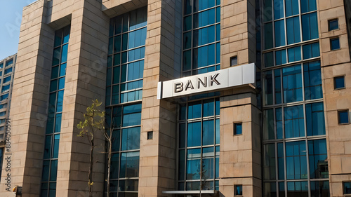 Modern bank building with large glass windows, illuminated by exterior lights, with BANK sign on façade in urban cityscape.