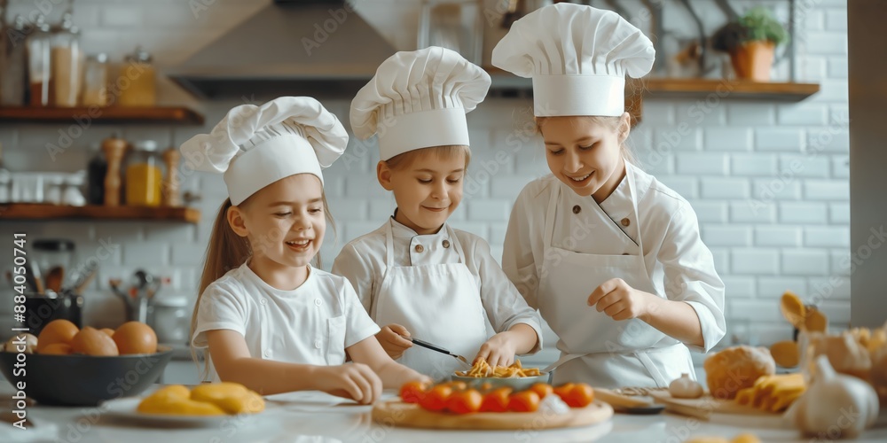Three young children are wearing chef hats and aprons, and are preparing food together. They are smiling and seem to be enjoying themselves Three young children are wearing chef hats and aprons, and are preparing food together. They are smiling and seem to be enjoying themselves