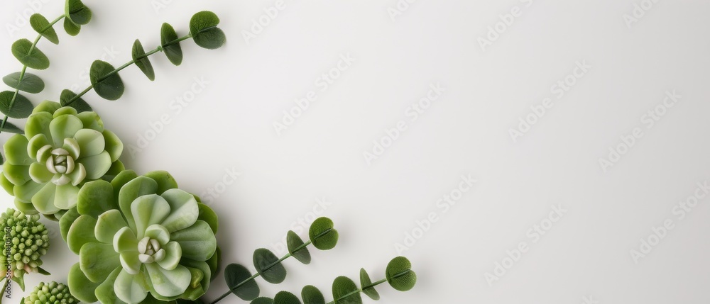 Flat lay of succulent plants and green leaves on a white background, perfect for nature-themed designs and background use. Flat lay of succulent plants and green leaves on a white background, perfect for nature-themed designs and background use.