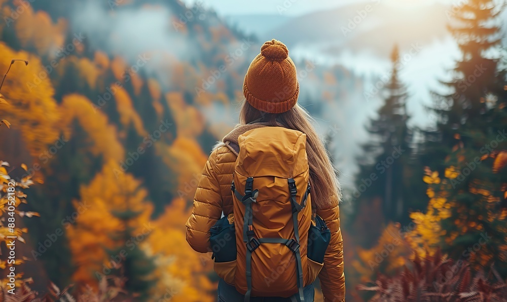 A woman, hiking in the mountains, takes in the beauty of autumn in the forest. Her smile, captured in the rearview mirror, reflects the joy nature brings to her well-being. A woman, hiking in the mountains, takes in the beauty of autumn in the forest. Her smile, captured in the rearview mirror, reflects the joy nature brings to her well-being.