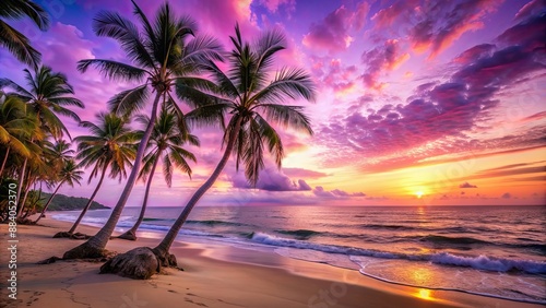 Beautiful tropical sunset with palm trees, purple and pink sky, and calm ocean waves. Serene beach landscape