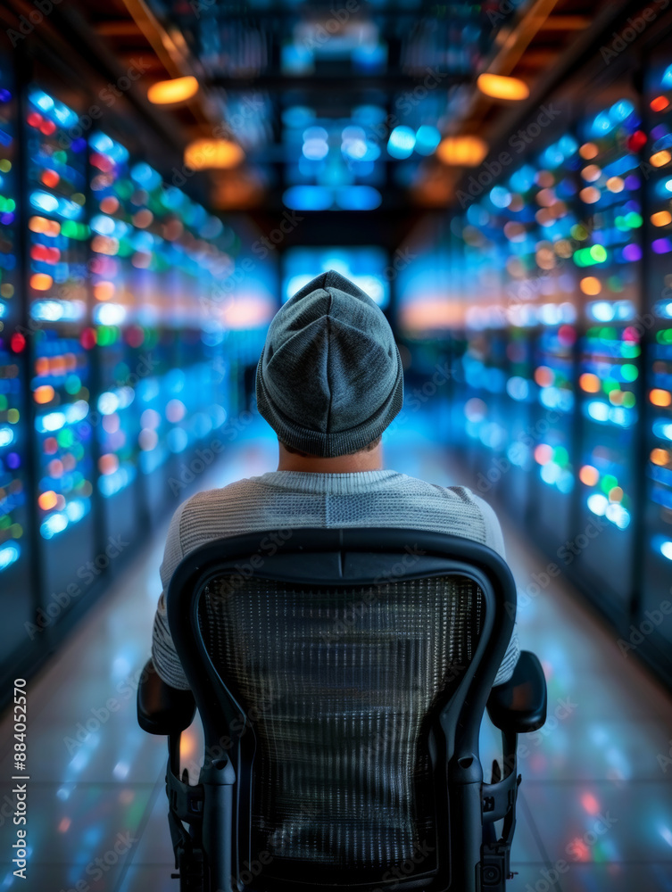 Naklejka premium Person in Data Center Surrounded by Servers