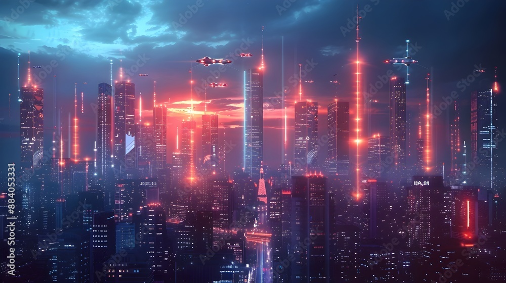 Obraz premium Futuristic Smart City Skyline with Glowing Neon Lights and Flying Vehicles