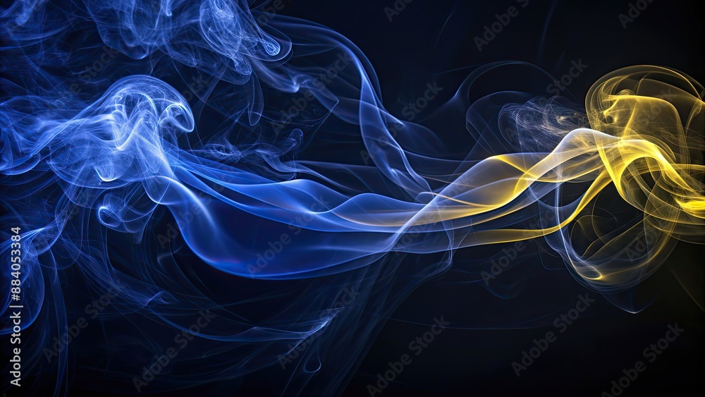 Obraz premium Thin yellow and blue smoke swirling gracefully on a black background, smoke, yellow, blue, mesmerizing, elegant, flowing