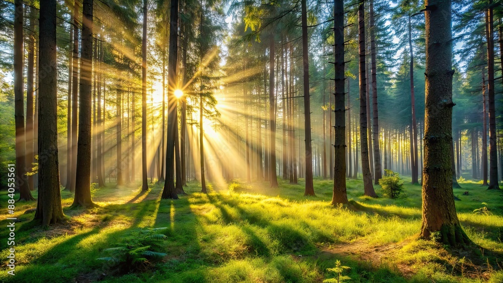 Fototapeta premium Morning sunlight streaming through the trees in a peaceful forest setting, nature, trees, woods, peaceful, serene, morning