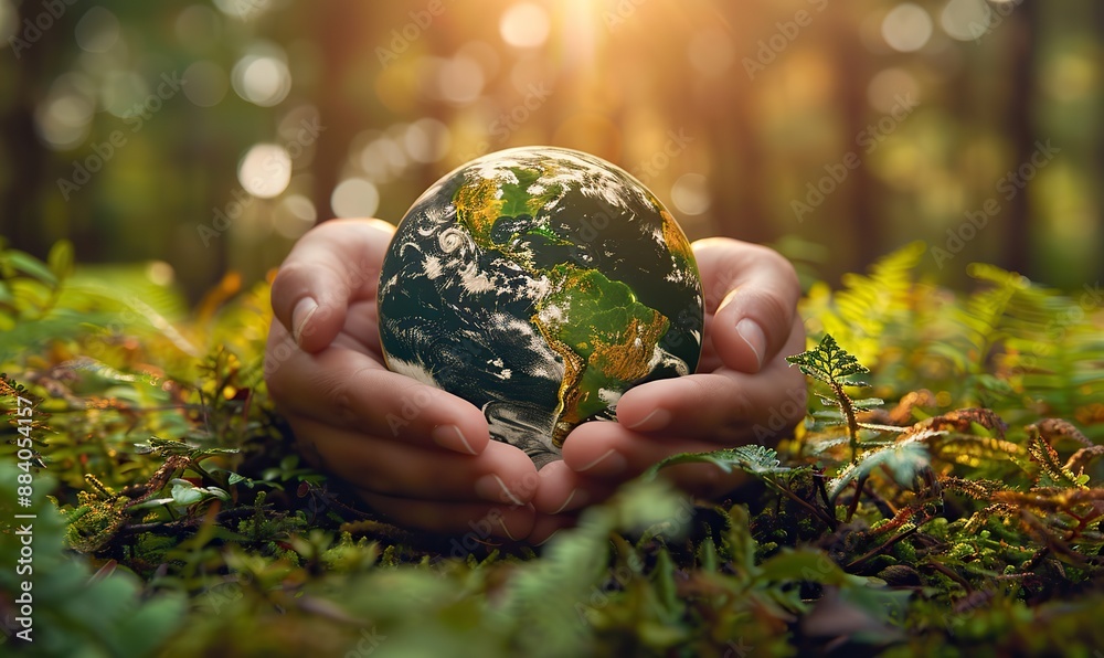 Hands holding a globe in a green forest, representing the concept of a green planet in your heart and the importance of protecting our environment. Hands holding a globe in a green forest, representing the concept of a green planet in your heart and the importance of protecting our environment.