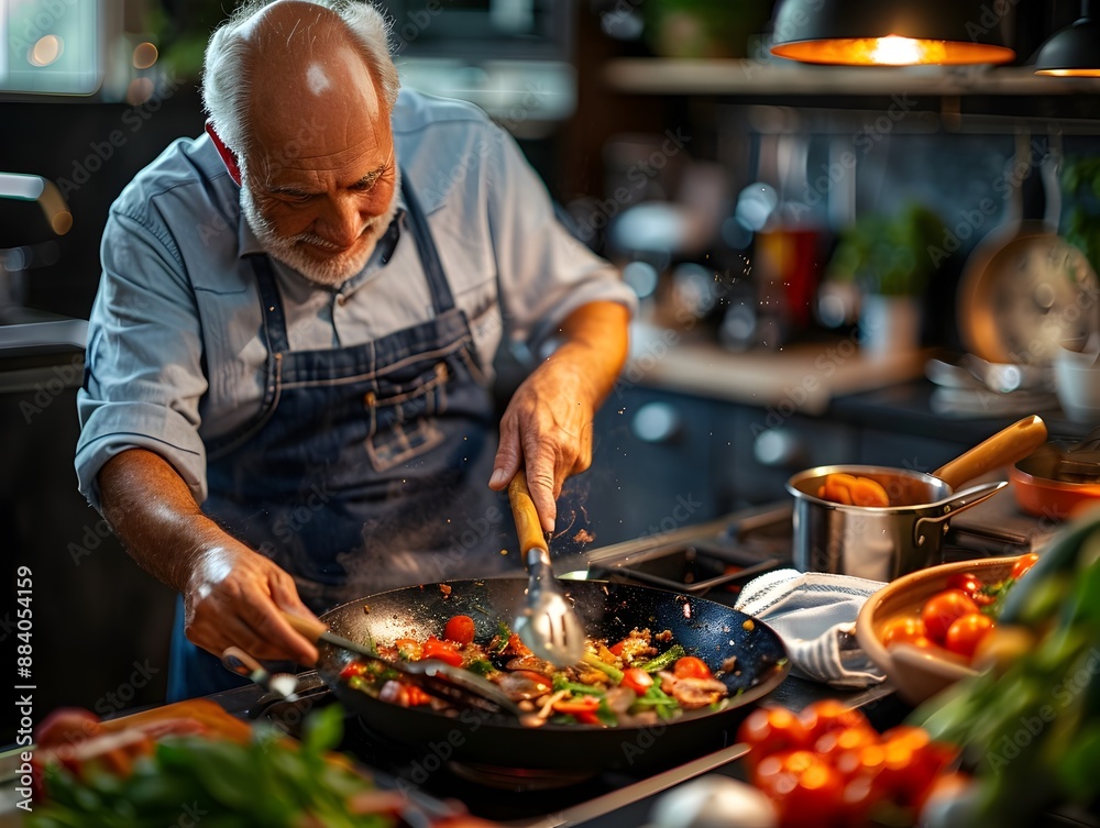 Retired Chef Passionately Cooking a Gourmet Meal in a Modern Kitchen Retired Chef Passionately Cooking a Gourmet Meal in a Modern Kitchen