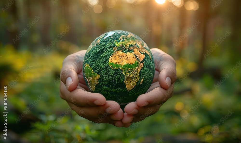 Hands holding a globe in a green forest, representing the concept of a green planet in your heart and the importance of protecting our environment.