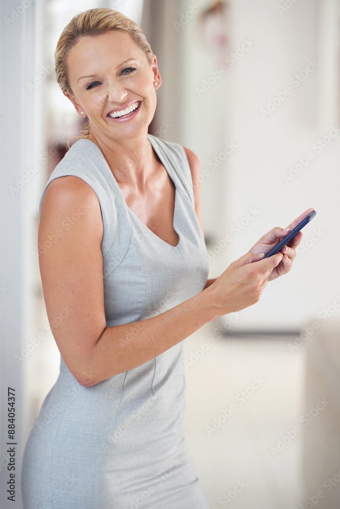 Business, woman and portrait with phone in office for communication, email and feedback of online negotiation. Smile, female person and mobile for contact, networking and schedule of meeting agenda Business, woman and portrait with phone in office for communication, email and feedback of online negotiation. Smile, female person and mobile for contact, networking and schedule of meeting agenda