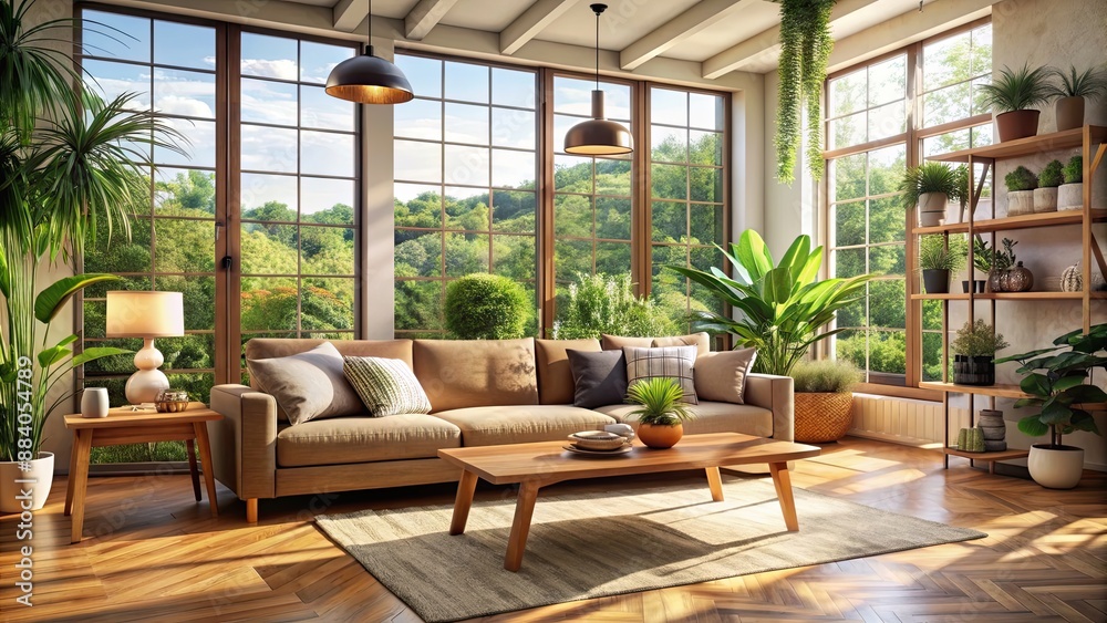 Cozy living room with a sofa, plants, wooden furniture, and natural light streaming through large windows Cozy living room with a sofa, plants, wooden furniture, and natural light streaming through large windows