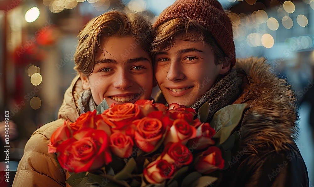 A young gay couple wearing casual home attire presents a bouquet of roses to their boyfriend, celebrating Valentine's Day, their birthday, or their wedding. A young gay couple wearing casual home attire presents a bouquet of roses to their boyfriend, celebrating Valentine's Day, their birthday, or their wedding.