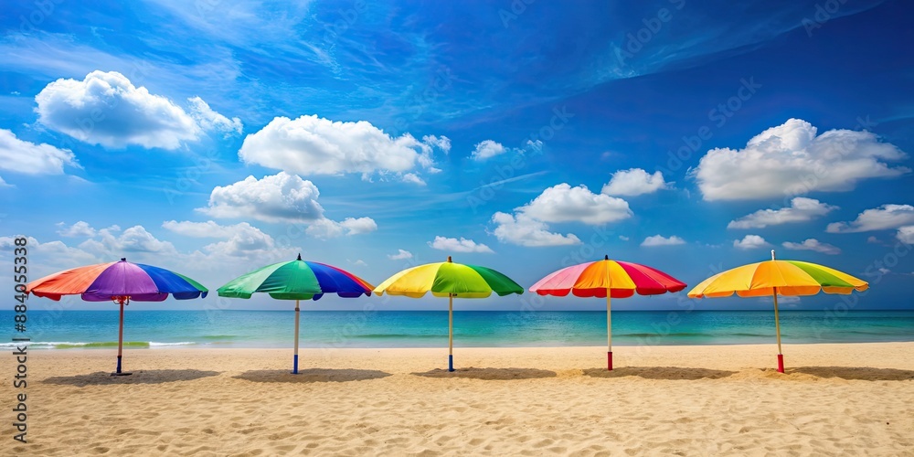 Fototapeta premium Sunny day at the beach with colorful umbrellas and beach chairs, summer, vacation, relaxation, ocean, sand, sun, holiday, travel