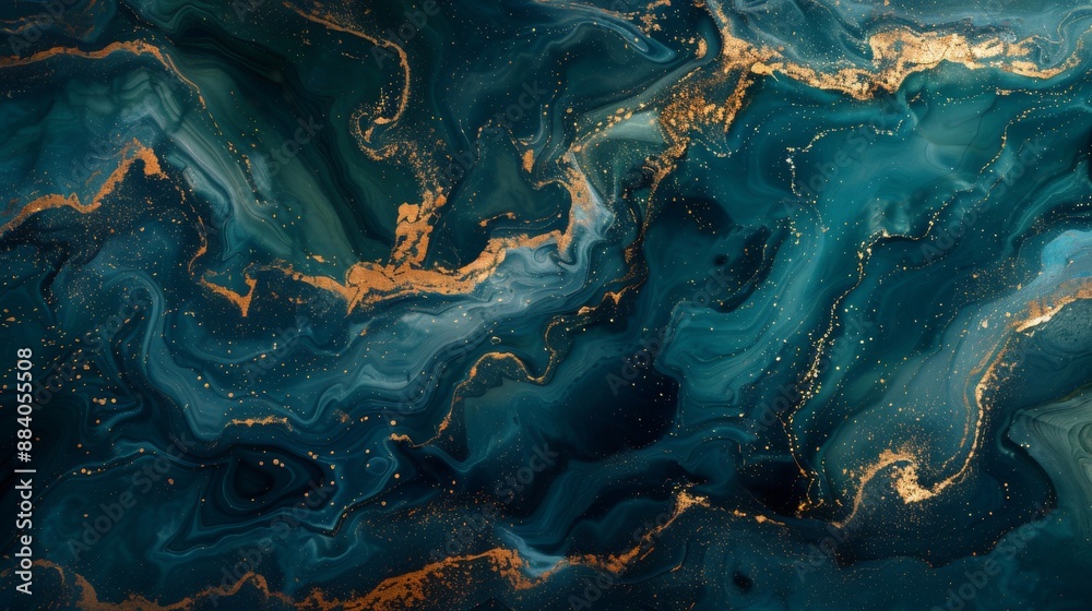 Fototapeta premium Dark green and gold fluid painting abstract background with swirls and waves