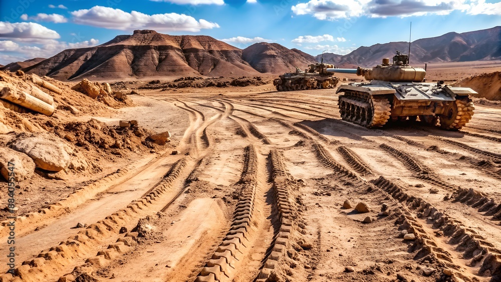Rugged terrain with tank tracks etched into the earth, mud, terrain ...