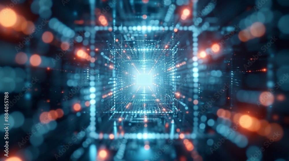 Futuristic digital technology interface, illuminated with blue and orange lights, representing data flow and advanced computing systems.
