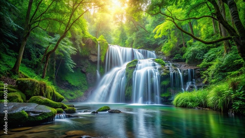 Serene waterfall cascading through lush greenery in a tranquil forest setting, waterfall, nature, cascade, stream, scenic