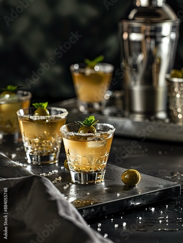 Amber Hued Jelly Shots with Olive Garnishes photo