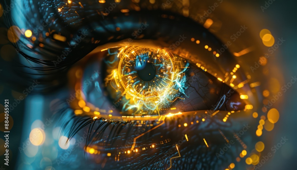 The Optical Biometrics Eye Futuristic Cyberspace Technology Neural Network with Beautiful Colors Scan The Optical Biometrics Eye Futuristic Cyberspace Technology Neural Network with Beautiful Colors Scan