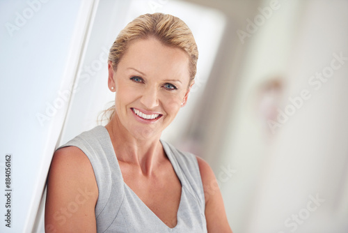 Woman, business or portrait in office with smile for corporate career, secretary or receptionist with pride. Female person, professional employee or happiness in workplace for job with administration