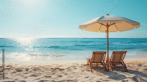 Beach umbrella with two chairs on the sand, a perfect summer travel vacation background with copy space for advertising or holiday concepts.