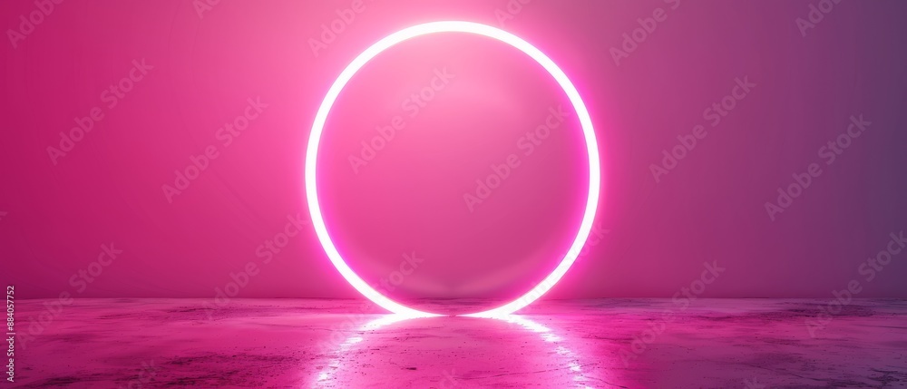 Glowing pink neon circle in a futuristic, foggy room. Perfect for modern, abstract, or sci-fi themed designs and backgrounds.