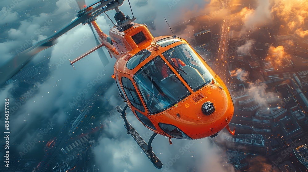 Orange Helicopter Flying Above Cityscape.