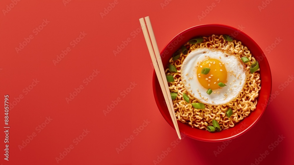 Ramen Noodles with Fried Egg in Red Bowl on Red Background. Perfect for culinary projects and food presentations. Ramen Noodles with Fried Egg in Red Bowl on Red Background. Perfect for culinary projects and food presentations.