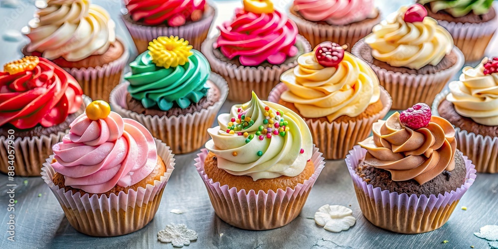Delicious assortment of cupcakes with unique frosting designs , cupcakes, dessert, bakery, sweets, icing, delicious Delicious assortment of cupcakes with unique frosting designs , cupcakes, dessert, bakery, sweets, icing, delicious