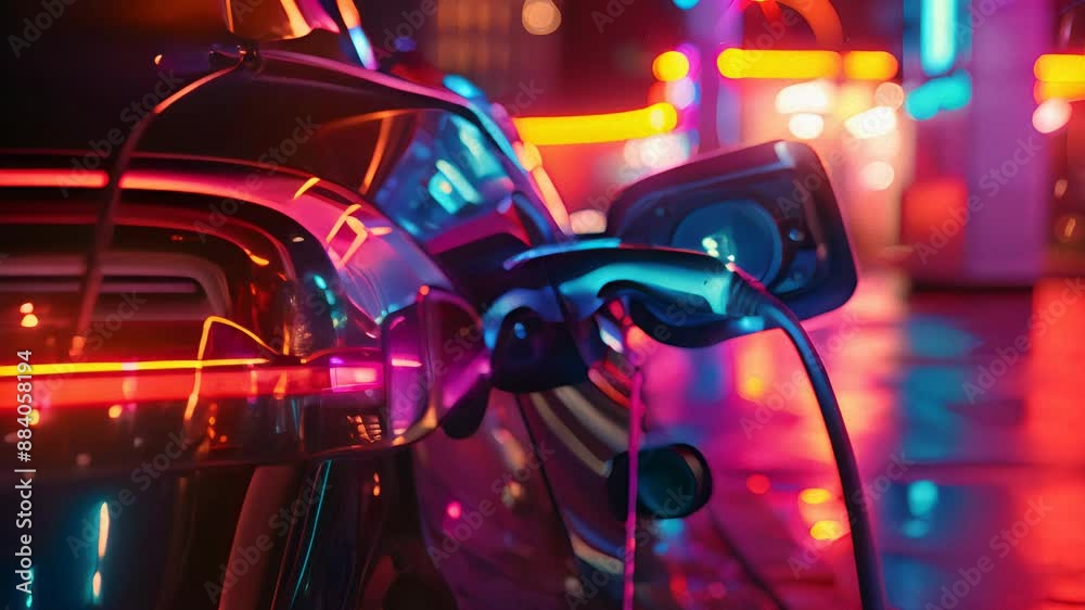 Vibrant night scene of an electric car charging at a brightly lit urban station with neon reflections. Vibrant night scene of an electric car charging at a brightly lit urban station with neon reflections.