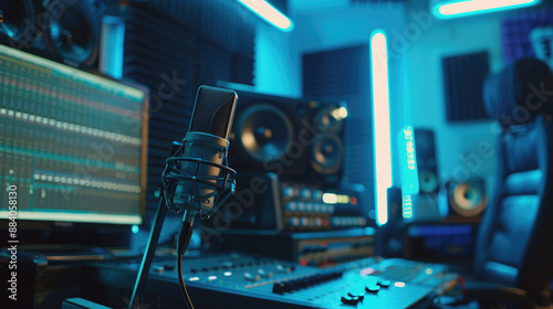 A professional microphone in the foreground with sound studio equipment and a computer screen in the background, depicting a recording concept