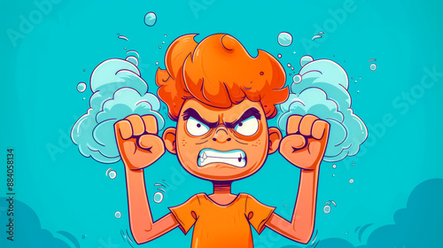 Angry cartoon kid with steam coming out of ears clenching fists