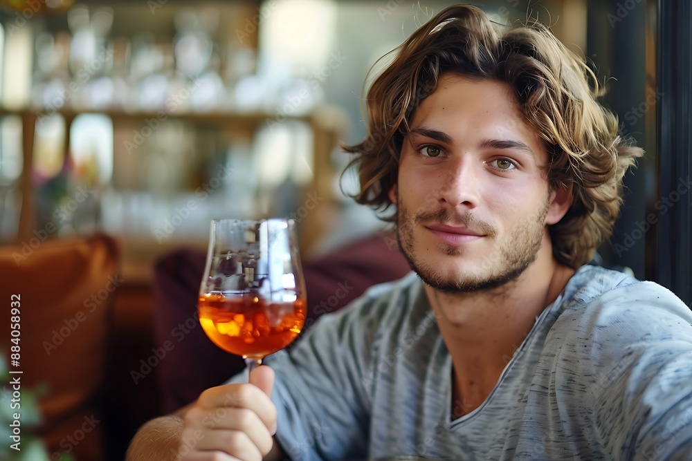 Attractive, stylish young man, holding a glass of aperol, cocktail Attractive, stylish young man, holding a glass of aperol, cocktail