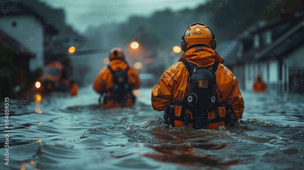 Emergency Workers in Floodwaters. Emergency Workers in Floodwaters.