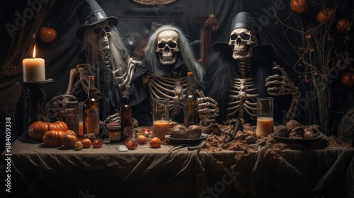 Three Skeletons Sharing a Meal in a Spooky Setting.