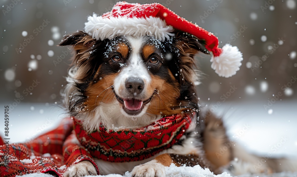 A cheerful dog, wearing a Santa Claus hat, sits against a winter snow background, wishing you a Merry Christmas and a Happy New Year. A cheerful dog, wearing a Santa Claus hat, sits against a winter snow background, wishing you a Merry Christmas and a Happy New Year.