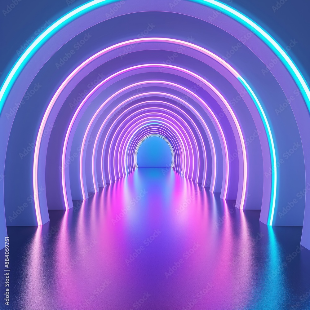 Fototapeta premium A vibrant tunnel illuminated with neon lights in shades of blue and purple, perfect for themes of futurism, light installations, and modern design.