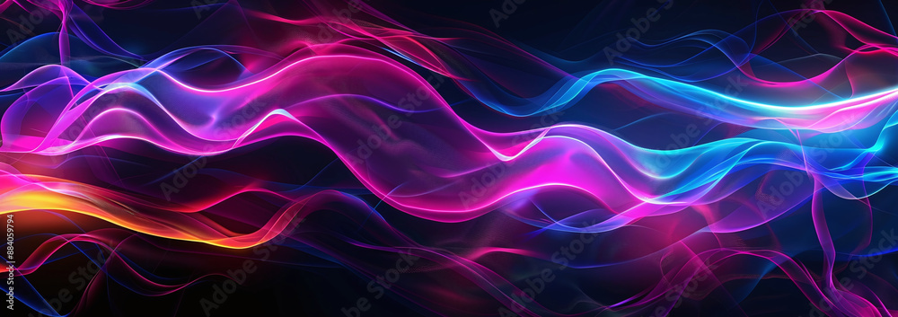 Dynamic neon light waves in vibrant pink, blue, and purple hues flow smoothly against a dark background, creating a mesmerizing and energetic visual effect.
Dynamic neon light waves in vibrant pink, blue, and purple hues flow smoothly against a dark background, creating a mesmerizing and energetic visual effect.
