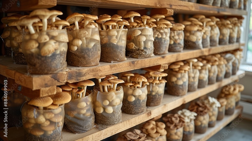 Fototapeta premium Shelves lined with mushroom grow bags in a home setup, emphasizing small-scale urban farming.