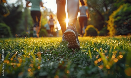 A background with a positive, outdoorsy vibe, featuring unrecognizable people exercising and enjoying a healthy lifestyle, with a blurred bokeh effect. photo