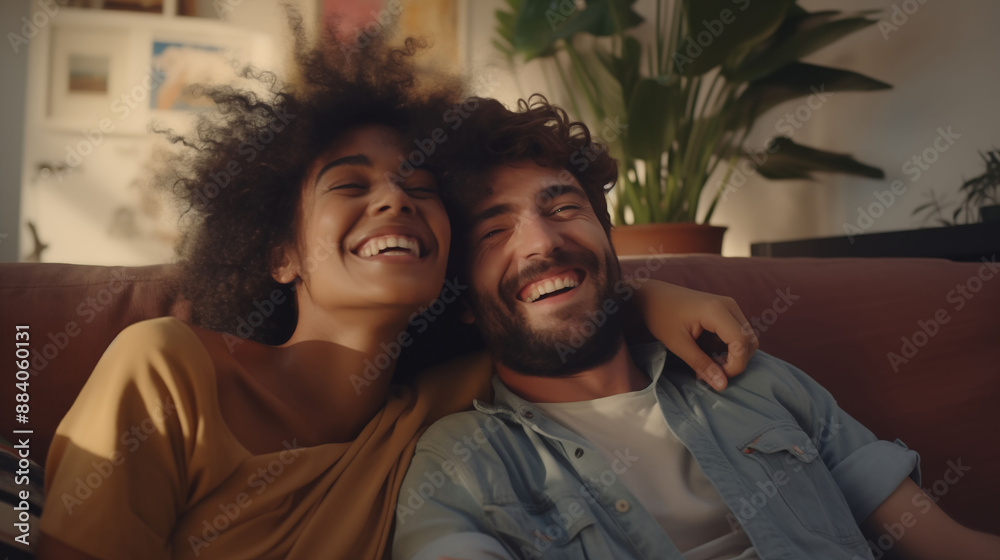 A cheerful multiracial couple relaxing on a stylish sofa in the living room, their happiness clearly visible, captured in HD A cheerful multiracial couple relaxing on a stylish sofa in the living room, their happiness clearly visible, captured in HD
