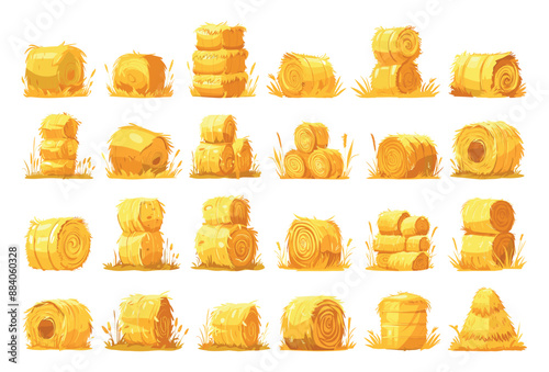 Hay Bales Piles Heaps Stacks Icon Set White Background Playful Illustrations Cartoon Style Artistic Farming Collection Agriculture Icons Straw Stacks Hay Piles Hay Bales Farm