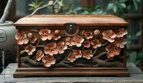 A wooden box adorned with vibrant flowers. photo